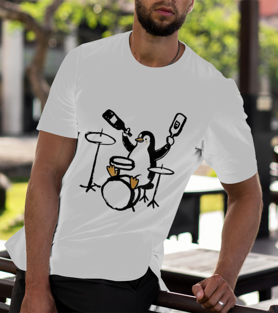 Penguin Playing Drums Drinking Wine With Bottle T-Shirt