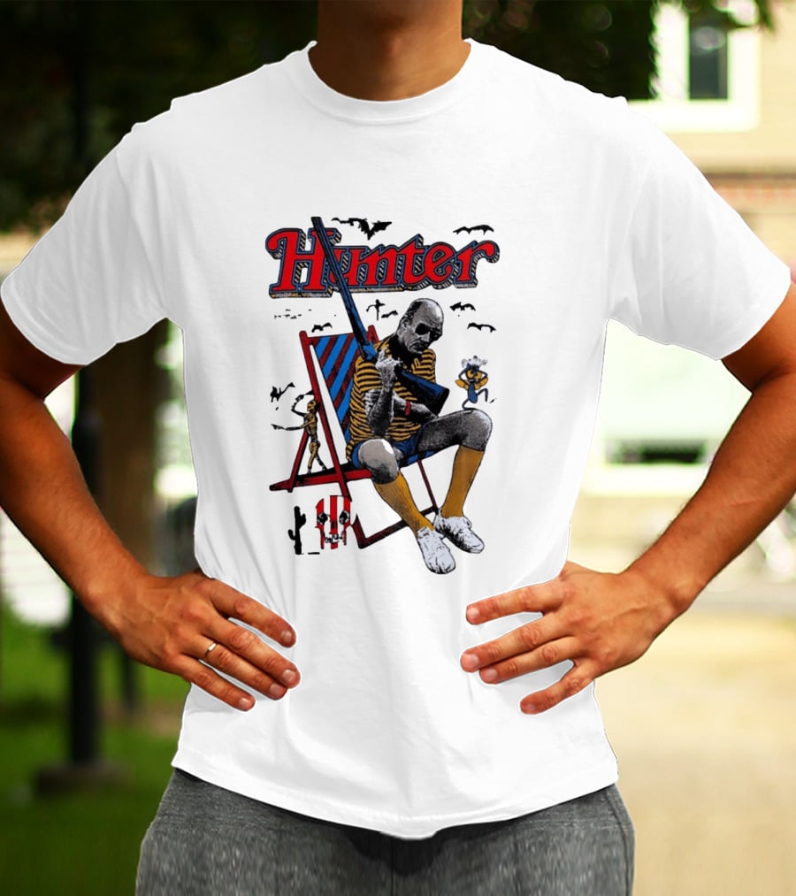 Hunter July 18 1937 February 20 2005 Man Holding Rifle Striped Chair Yellow Socks T-Shirt