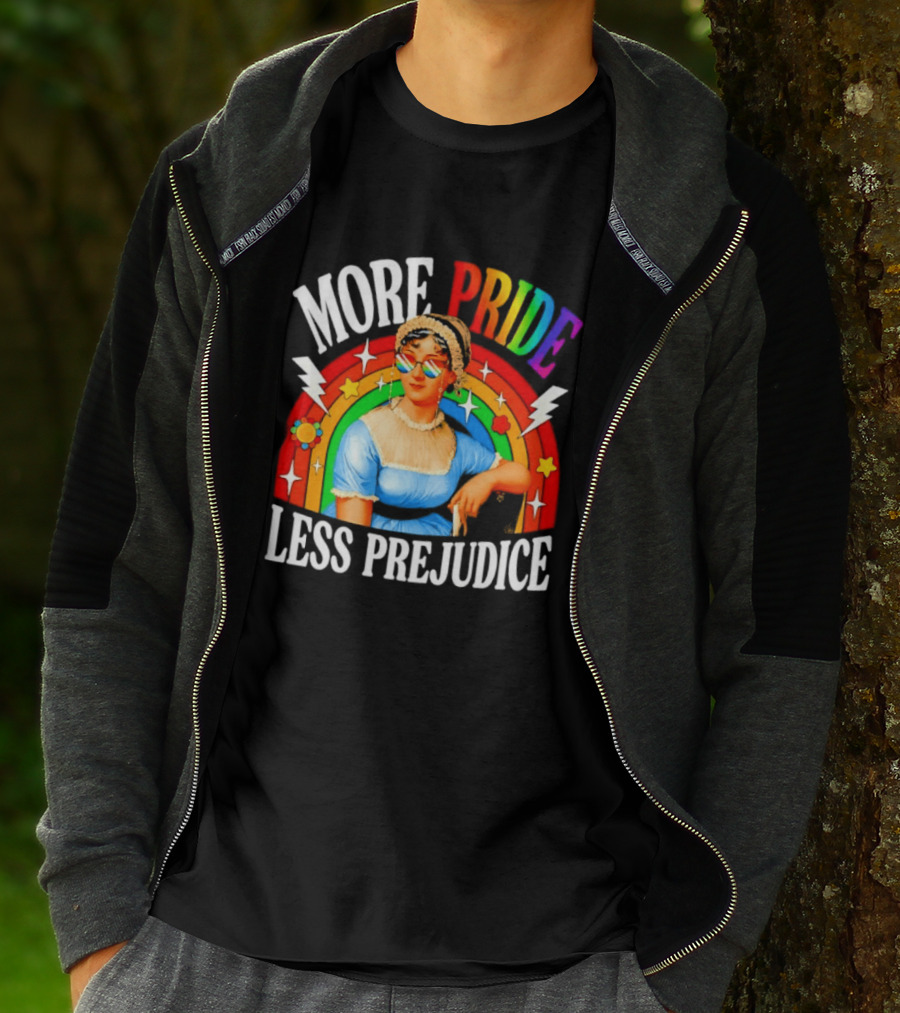 More Pride Less Prejudice LGBTQ Rainbow Heart Jane Austen Pride Month T-Shirt