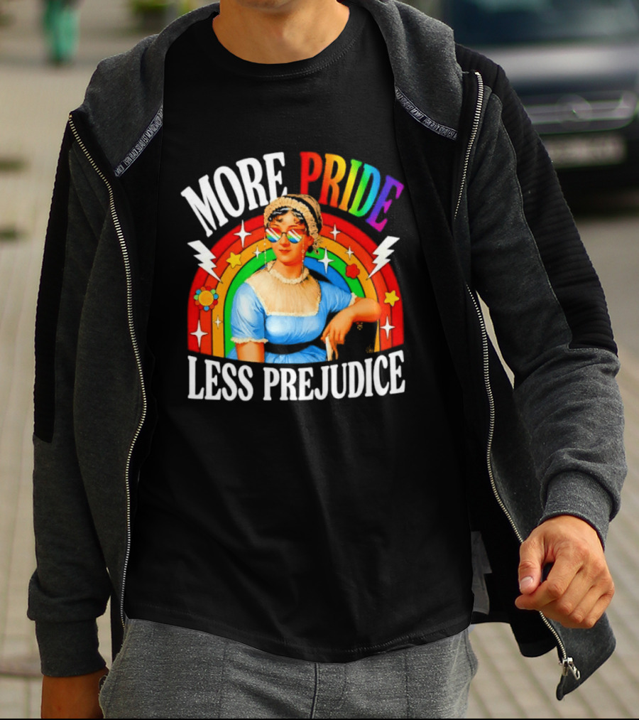 More Pride Less Prejudice LGBTQ Rainbow Heart Jane Austen Pride Month T-Shirt