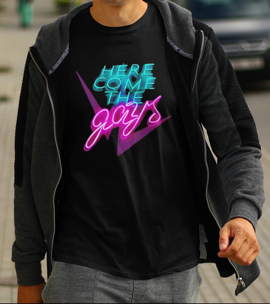 Here Come The Gays Neon Sign Vibrant LGBTQ+ Pride T-Shirt