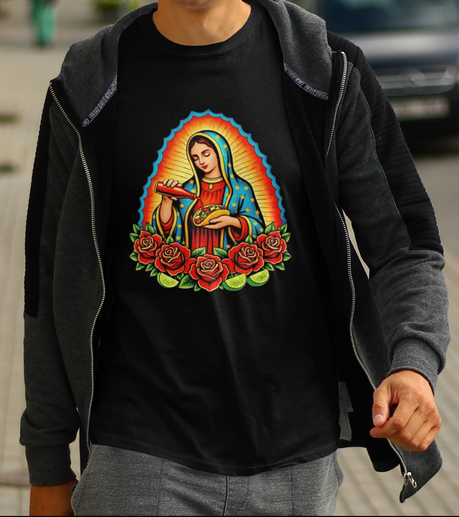 Virgen Maria With Taco And Hot Sauce Surrounded By Roses And Lime Slices T-Shirt