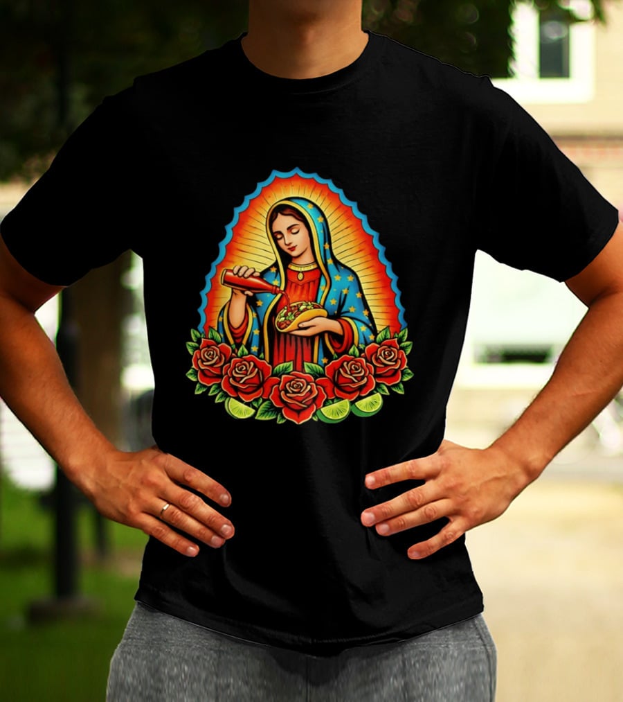 Virgen Maria With Taco And Hot Sauce Surrounded By Roses And Lime Slices T-Shirt