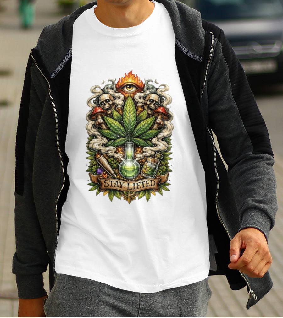 Cannabis Leaf Skull Mushroom Alchemy Eye Stay Lifted Weed Culture T-Shirt