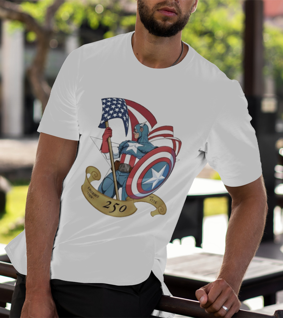 Captain America Marvel 250 E Pluribus Unum EST 1776 Patriotic Hero Shield American Flag T-Shirt