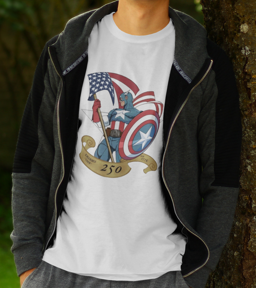Captain America Marvel 250 E Pluribus Unum EST 1776 Patriotic Hero Shield American Flag T-Shirt