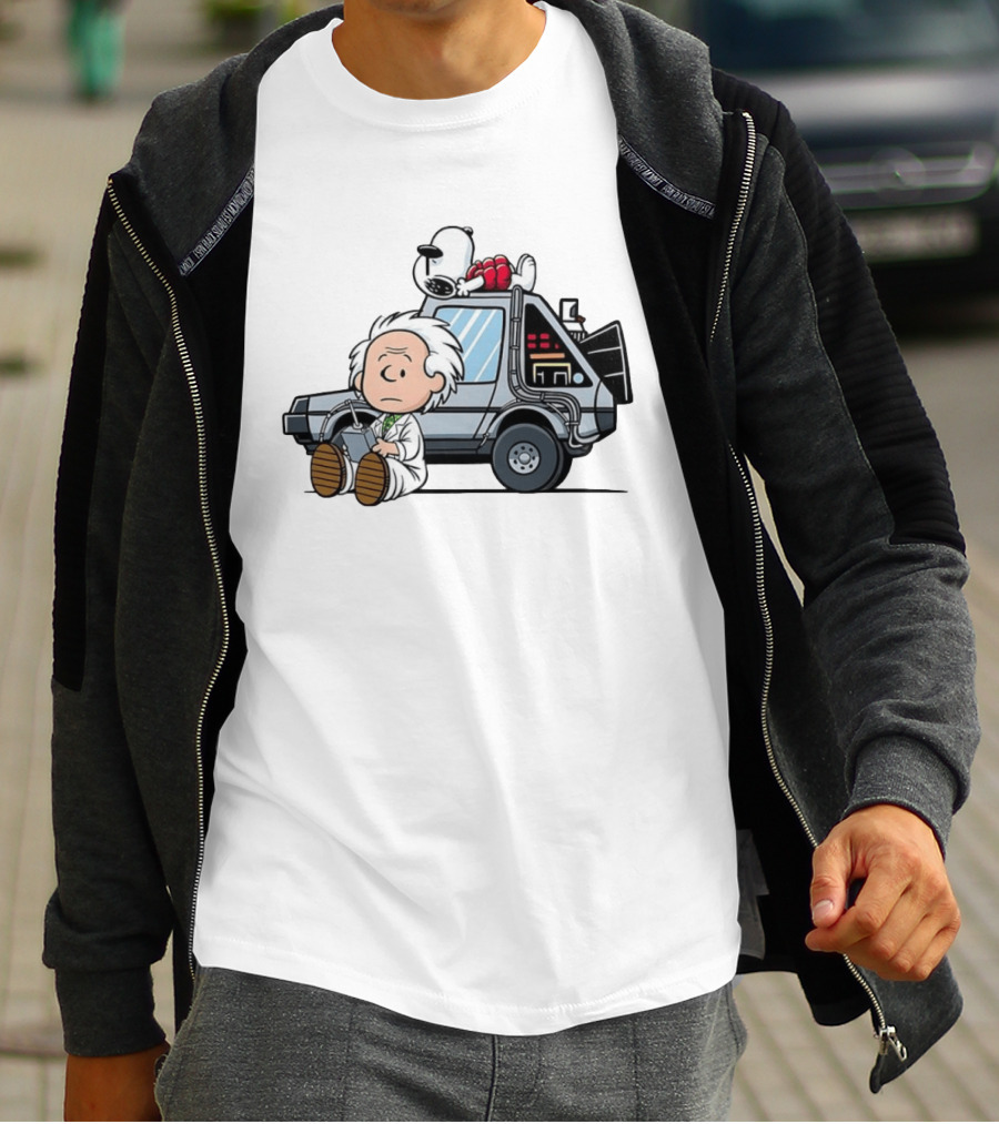 Doc Brown Snoopy Back To The Future Delorean Time Machine Cartoon Mashup T-Shirt