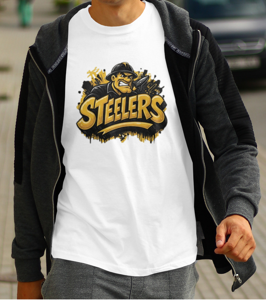 Pittsburgh Steelers Graffiti Steel Worker Emblem With Tough T-Shirt