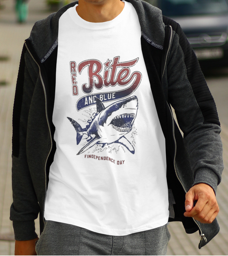 Red Bite And Blue Shark Findependence Day T-Shirt