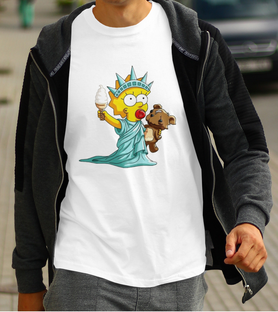 Statue Of Liberty Baby With Ice Cream And Teddy Bear Cartoon T-Shirt
