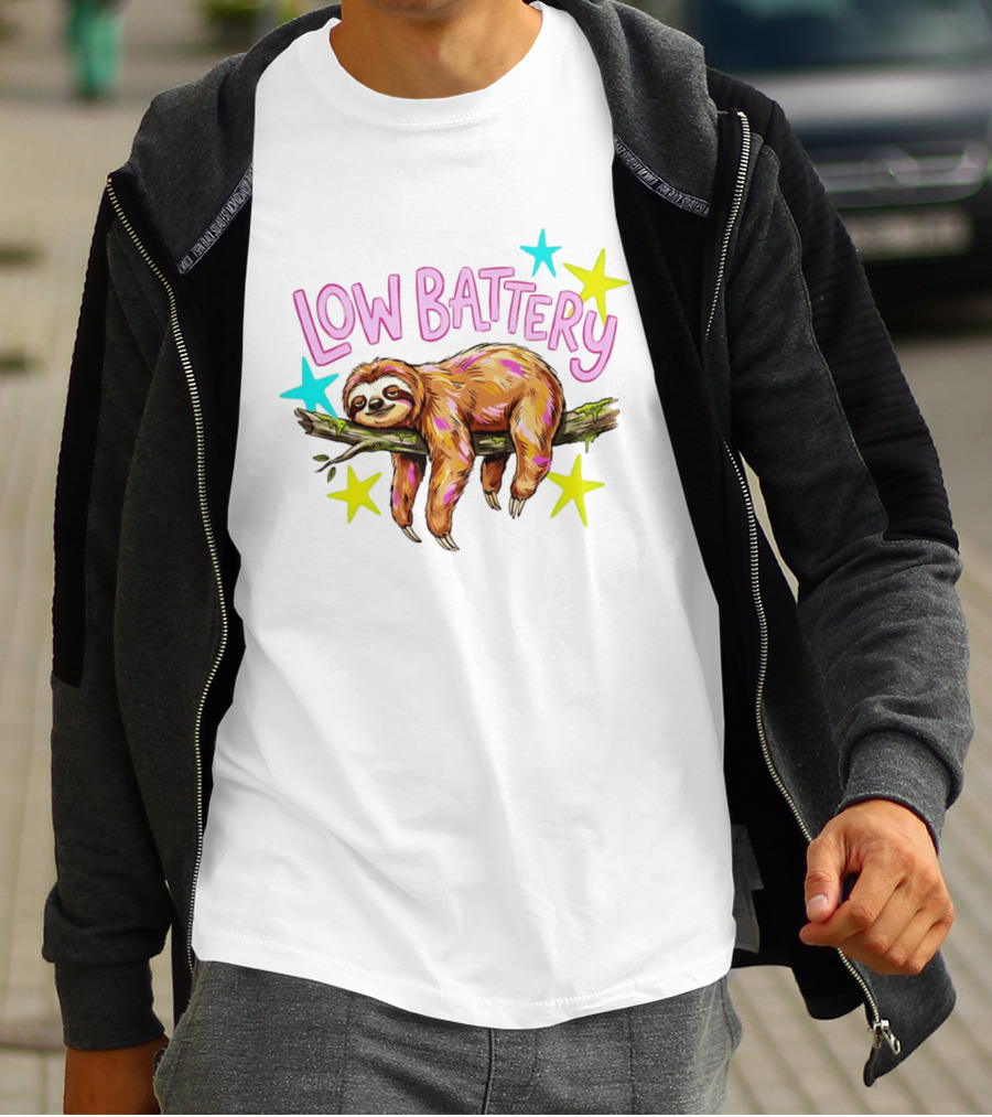 Lazy Sloth Low Battery Tired Animal With Colorful Stars T-Shirt