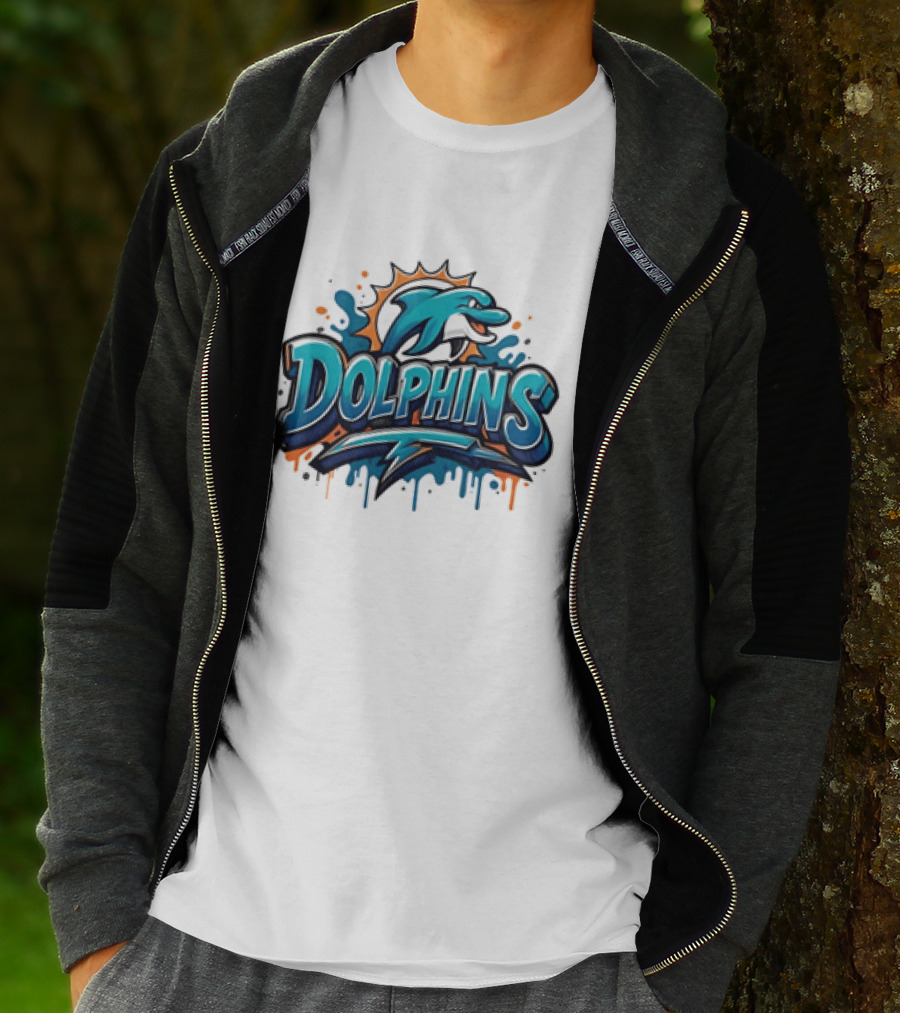 Miami Dolphins Graffiti Football Dolphins Splash Blue Orange T-Shirt