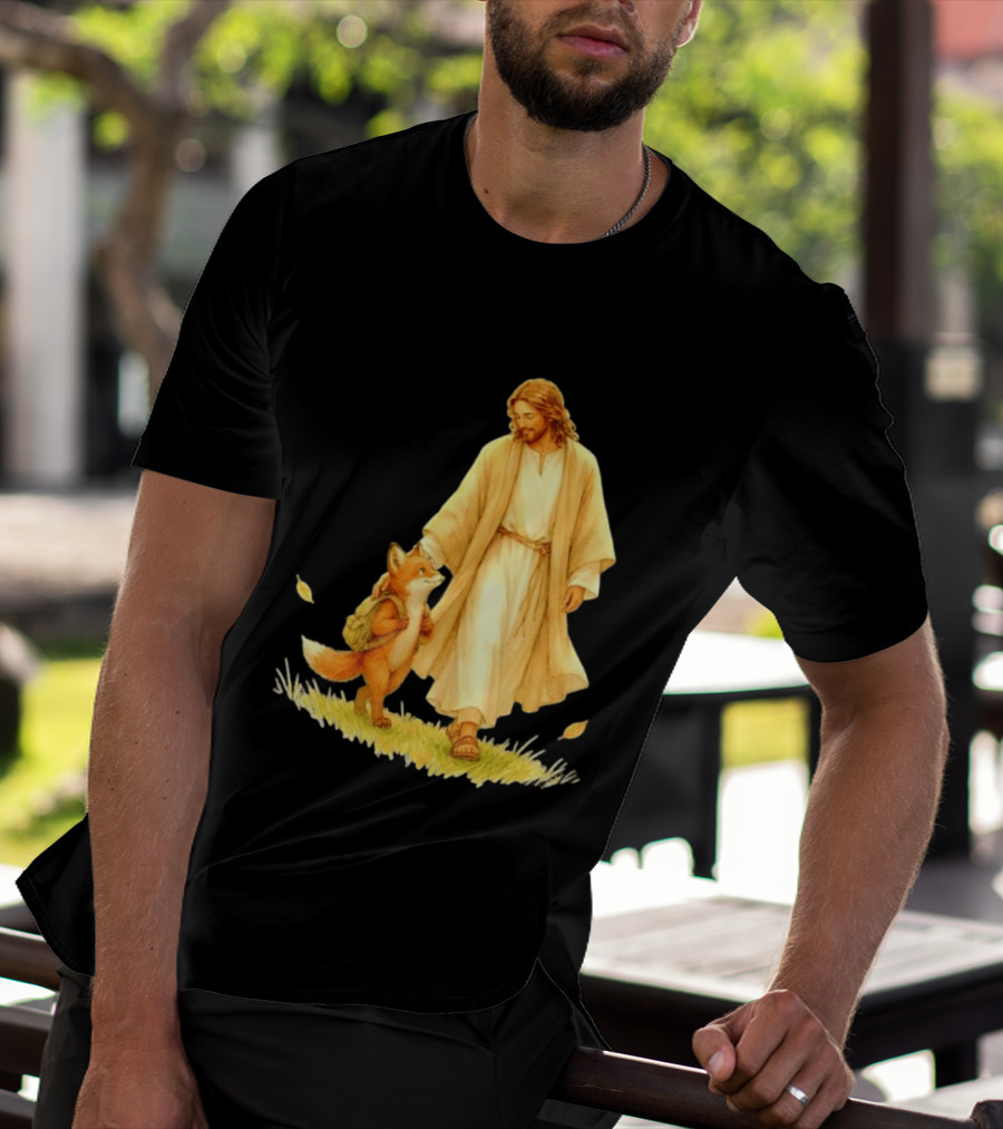 Jesus Christ And Fox Companion With Backpack In Nature Scene T-Shirt