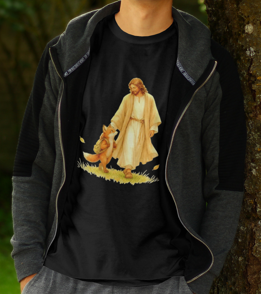 Jesus Christ And Fox Companion With Backpack In Nature Scene T-Shirt