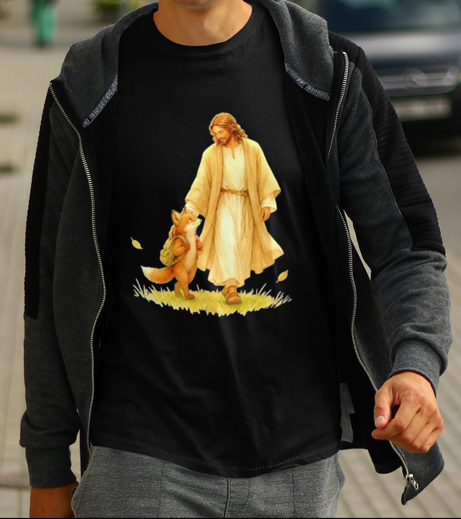 Jesus Christ And Fox Companion With Backpack In Nature Scene T-Shirt