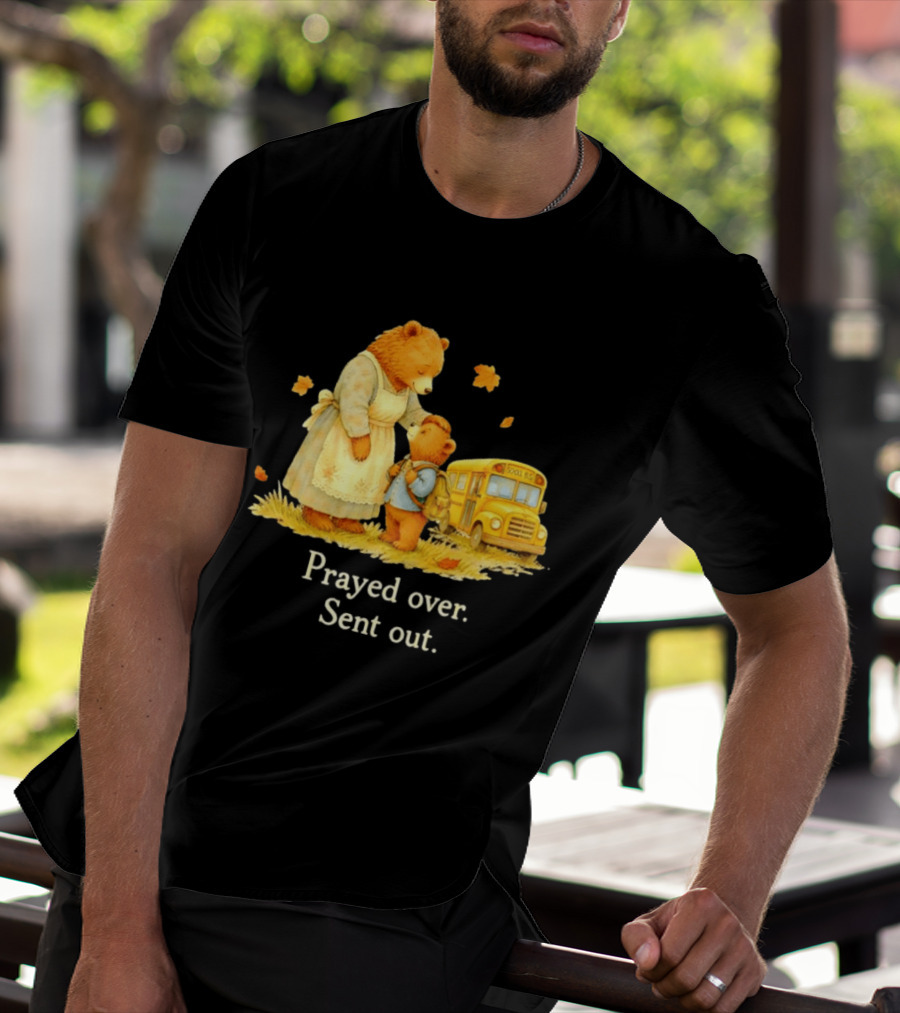 Mama Bear And Cub School Bus Prayed Over Sent Out Back To School Autumn Scene T-Shirt