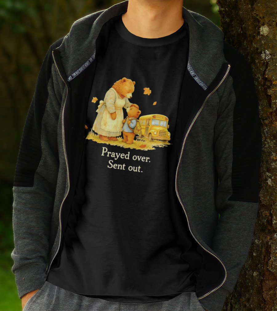 Mama Bear And Cub School Bus Prayed Over Sent Out Back To School Autumn Scene T-Shirt