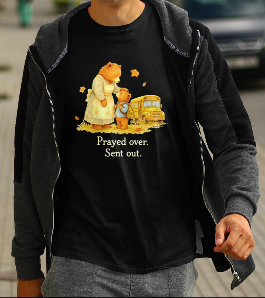Mama Bear And Cub School Bus Prayed Over Sent Out Back To School Autumn Scene T-Shirt