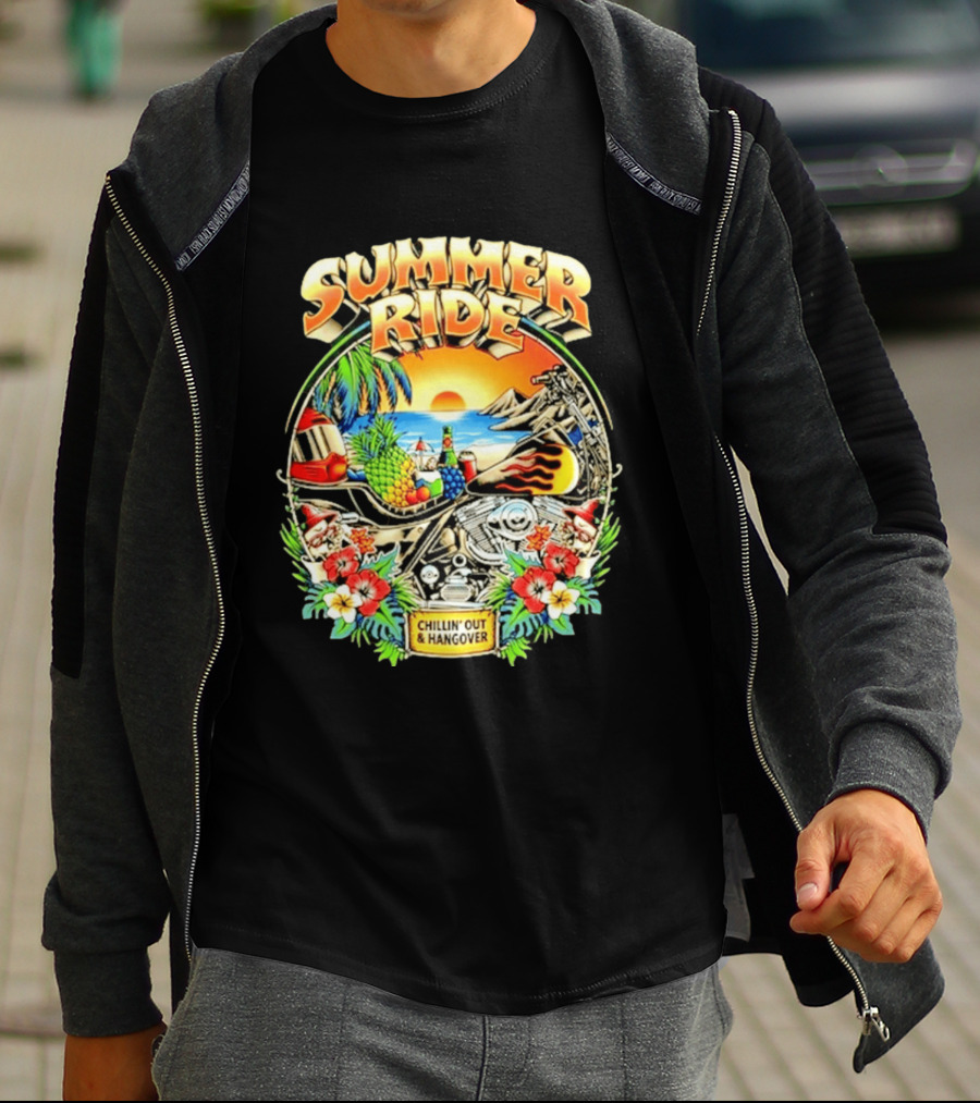 Summer Ride Chillin' Out Hangover Motorcycle Beach Sunset Tropical Fruits Floral T-Shirt