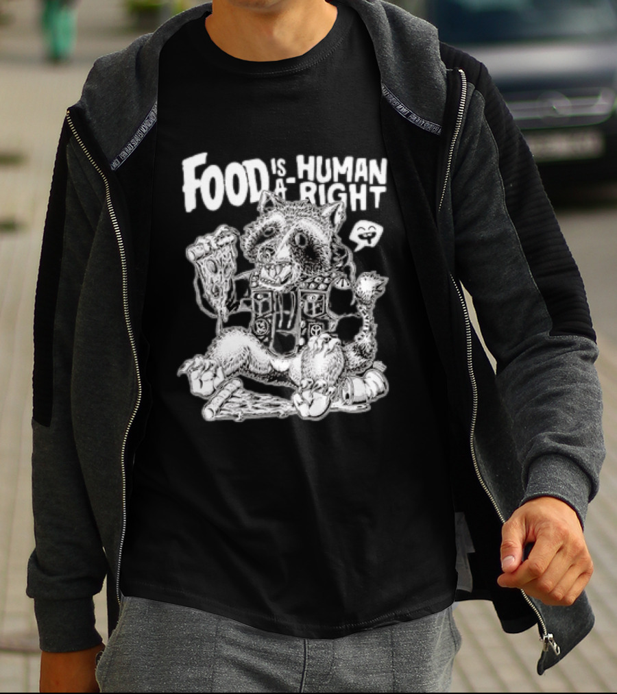 Food Is A Human Right Raccoon Punk Rocker Skeleton Peace Signs T-Shirt