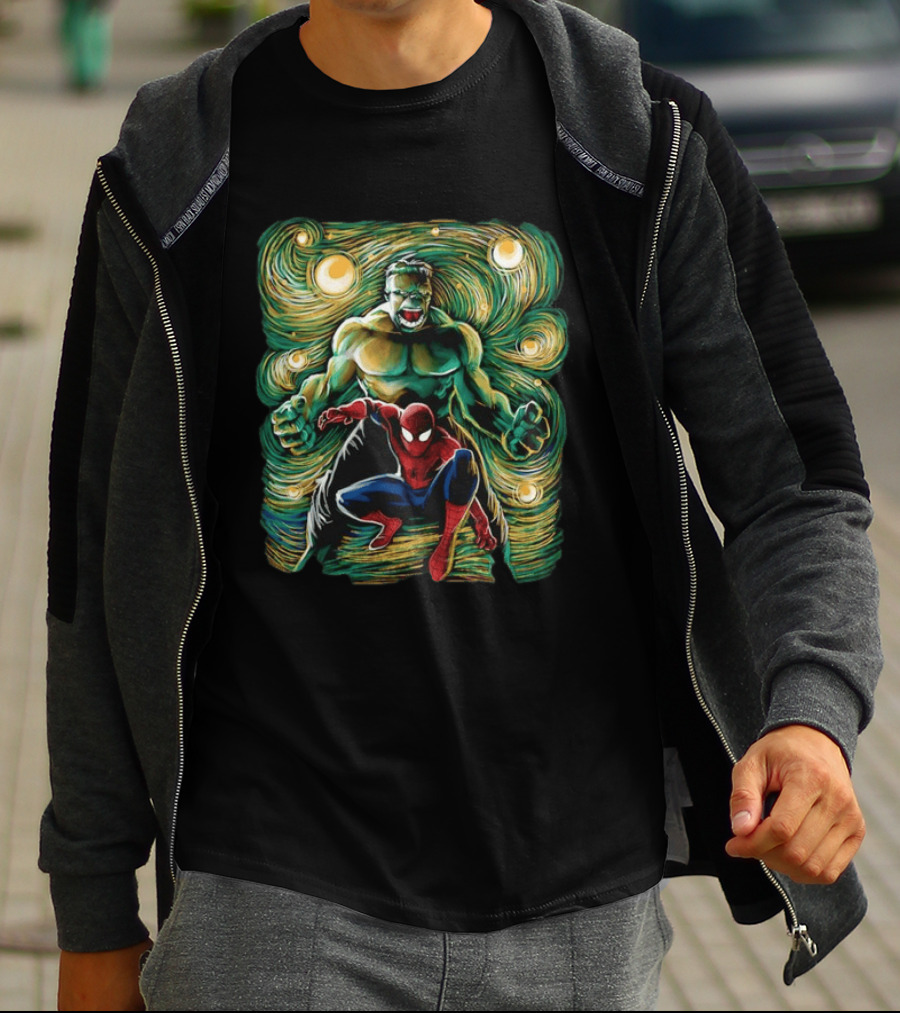 Hulk And Spider Man Marvel Comics Starry Night Sky Superhero Collaboration T-Shirt