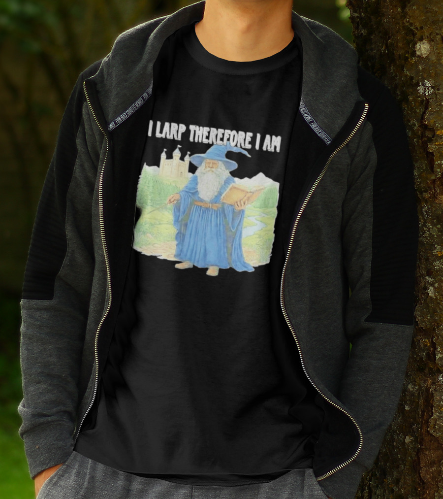 Wizard In Blue Robes With Book And Staff I Larp Therefore I Am T-Shirt