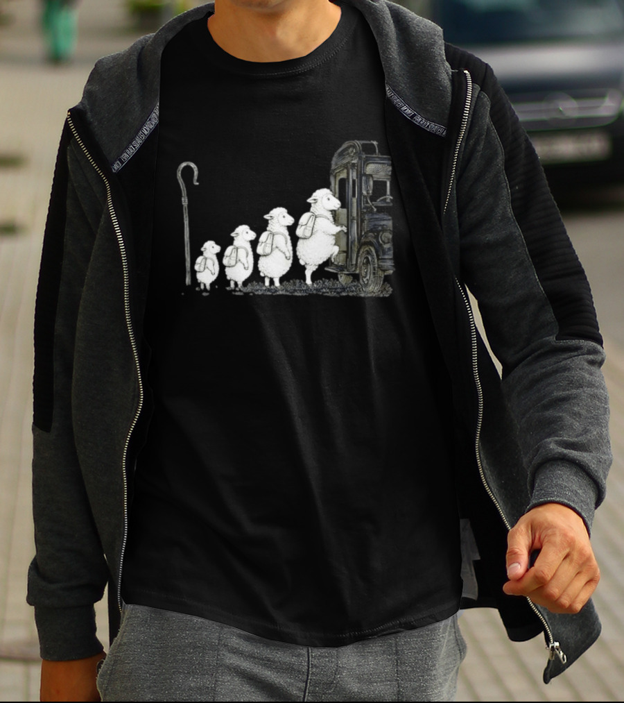 Sheep Boarding School Bus With Shepherd Staff Learning Journey T-Shirt