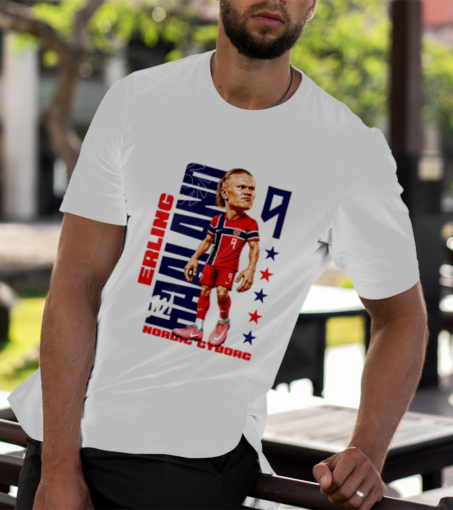 Erling Haaland No 9 Nordic Cyborg Stars And Stripes Caricature T-Shirt