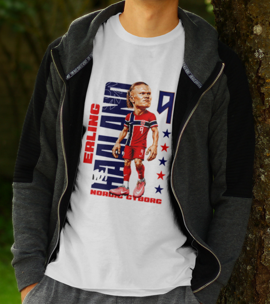 Erling Haaland No 9 Nordic Cyborg Stars And Stripes Caricature T-Shirt