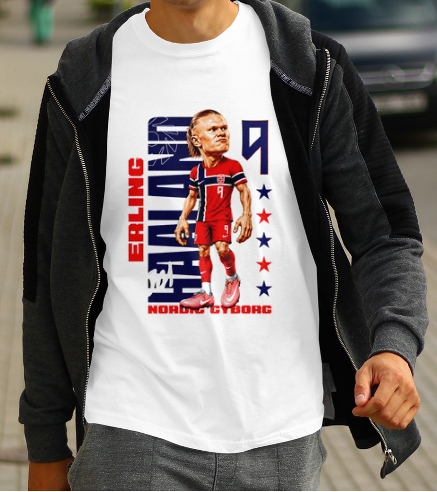 Erling Haaland No 9 Nordic Cyborg Stars And Stripes Caricature T-Shirt