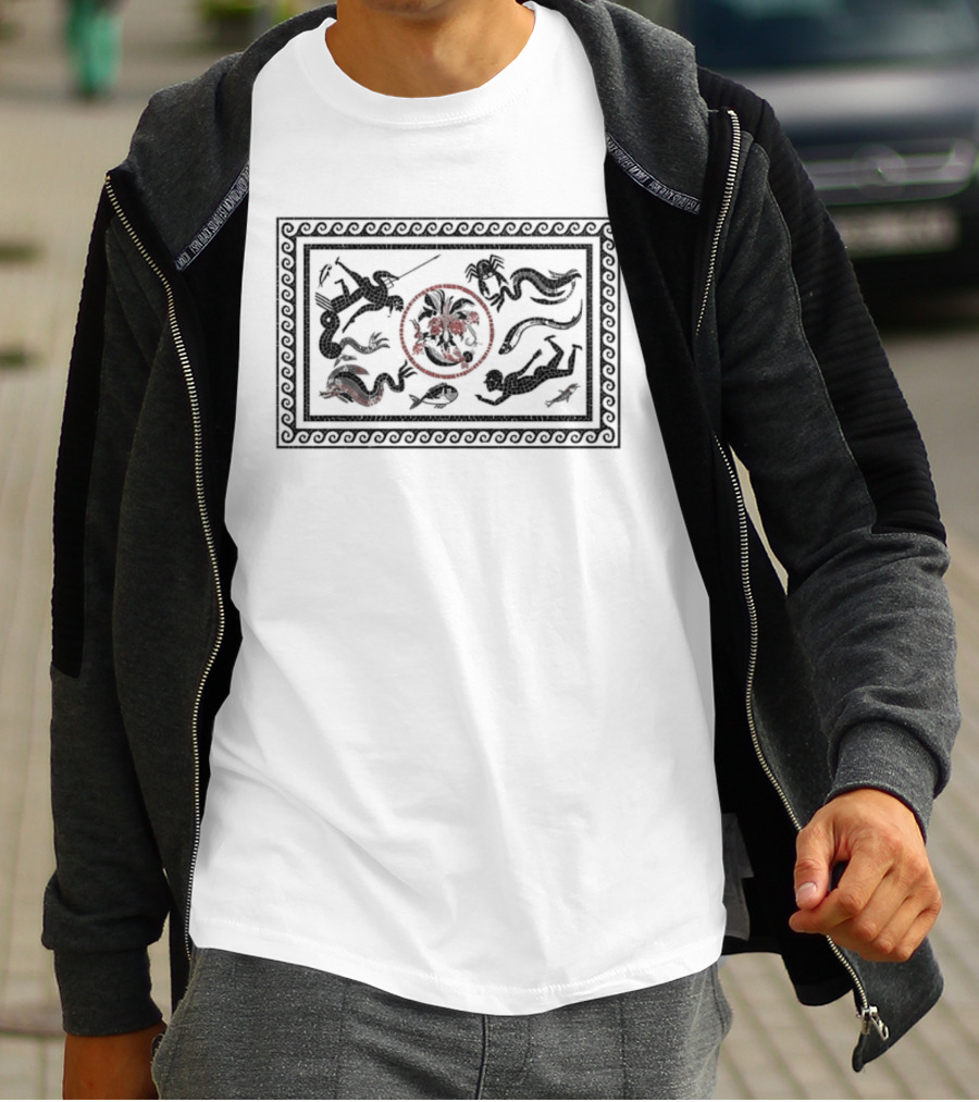 Roman Mosaic Mythological Ocean Marine Life Neptune Trident Creatures T-Shirt