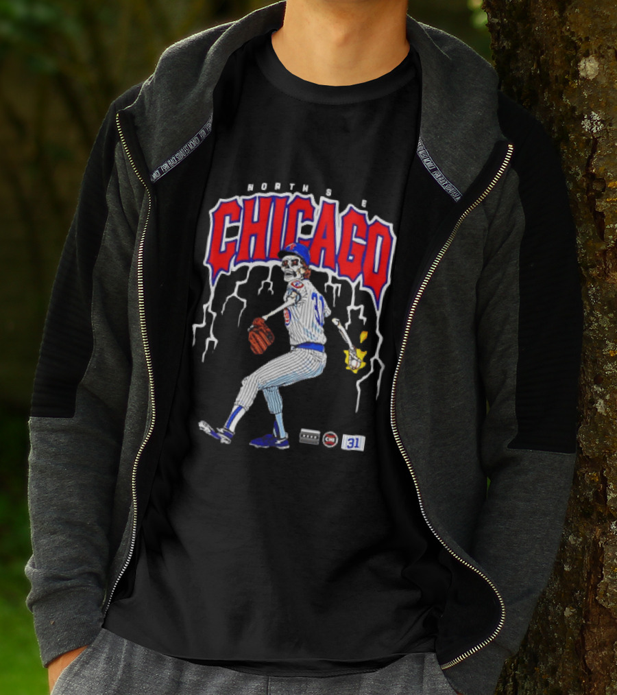 North Side Chicago Skeleton Pitcher CHI 31 Baseball T-Shirt