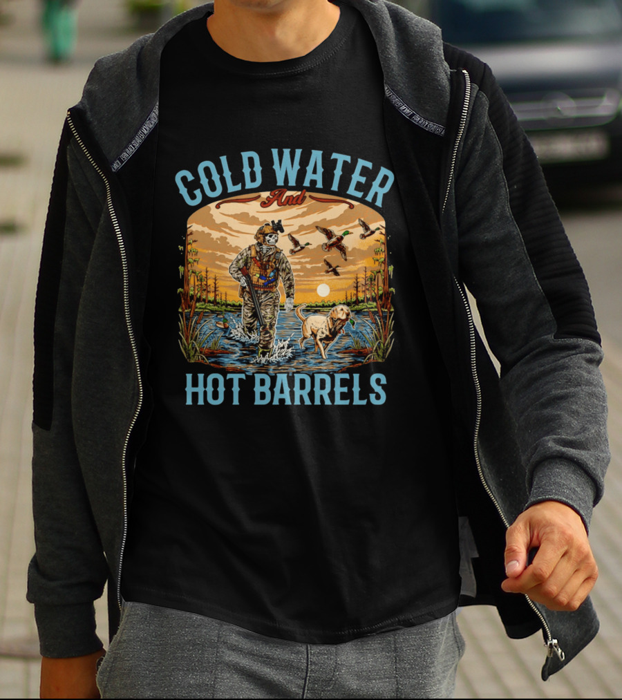 Cold Water And Hot Barrels Skeleton Hunting Ducks Scene With Dog T-Shirt