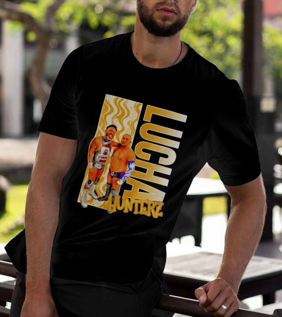Lucha Hunterz Wrestlers Duo With Llamas And Gold Accents T-Shirt