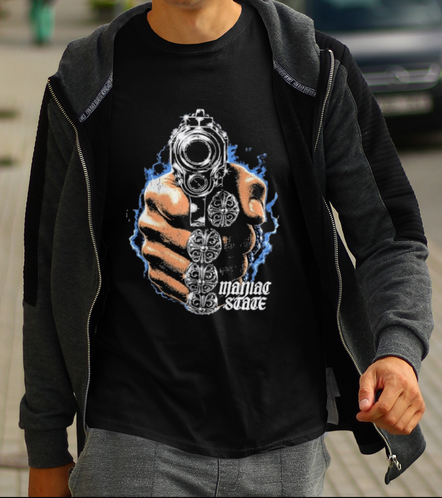 Maniac State Handgun Fist Chrome Cross Rings T-Shirt