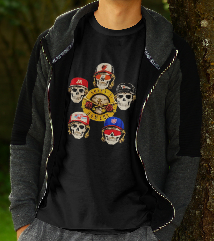Gunns N Homers Baseball Skull Mashup With Five Caps T-Shirt