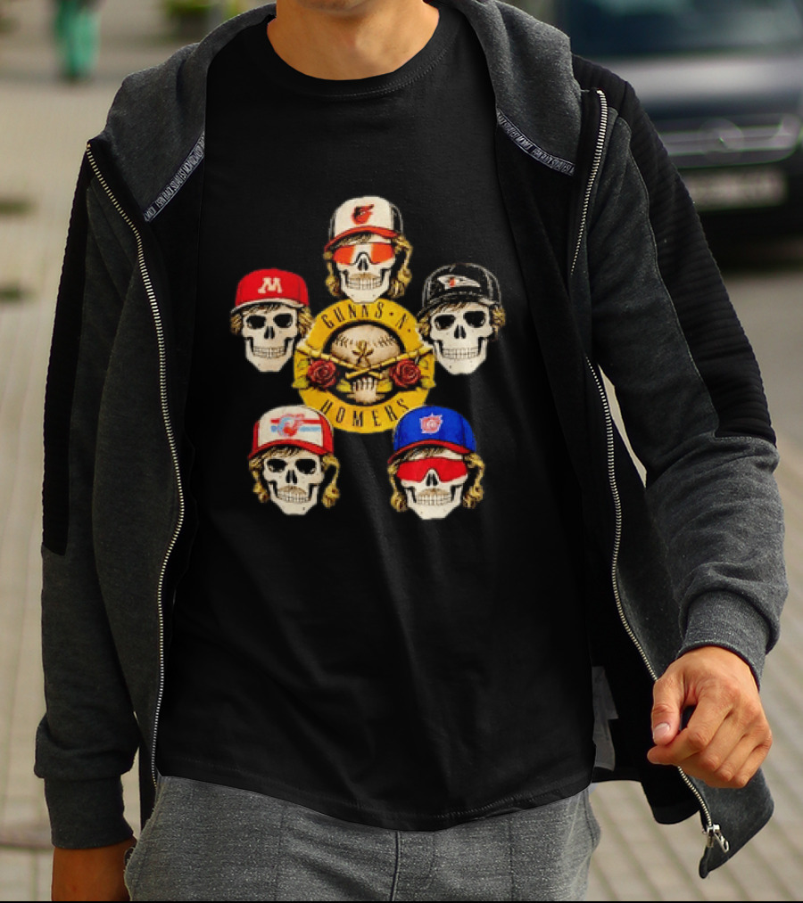 Gunns N Homers Baseball Skull Mashup With Five Caps T-Shirt