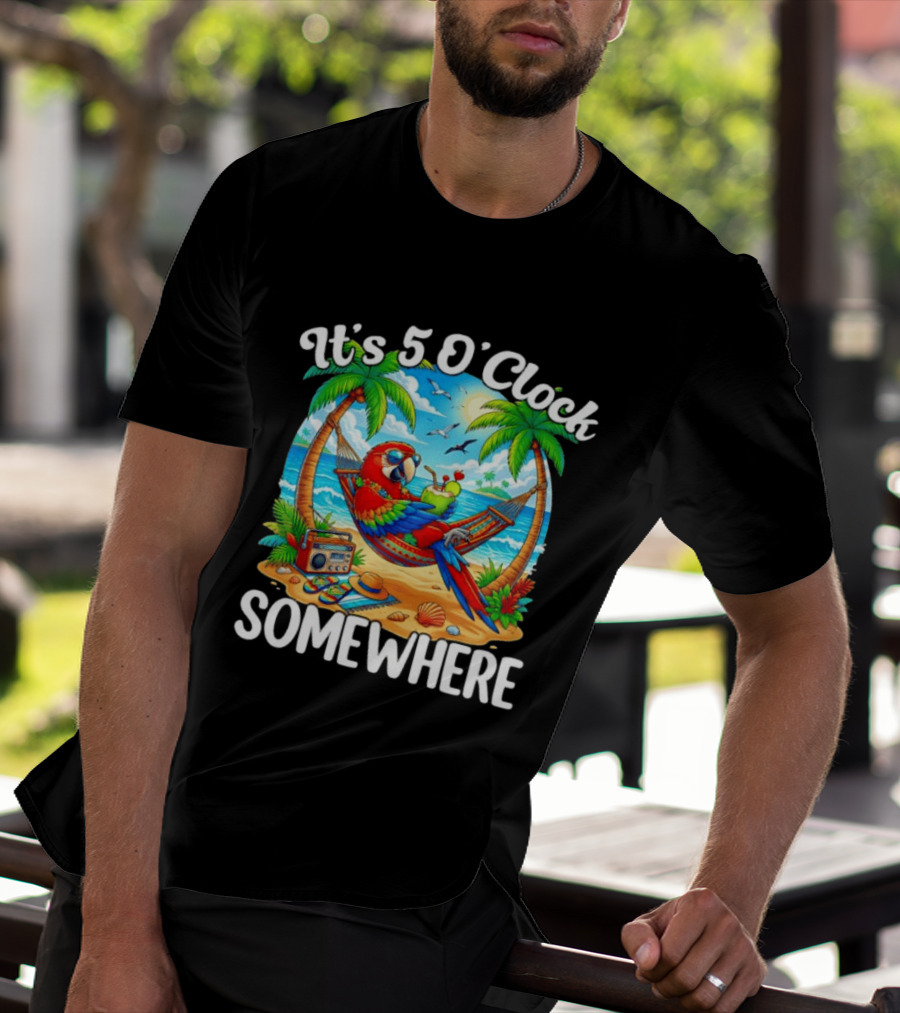 Parrot Relaxing In Hammock On Tropical Beach With It's 5 O' Somewhere Vibe T-Shirt