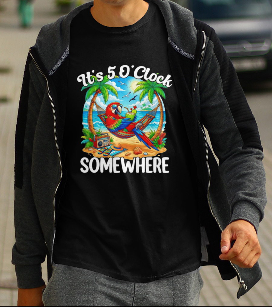 Parrot Relaxing In Hammock On Tropical Beach With It's 5 O' Somewhere Vibe T-Shirt