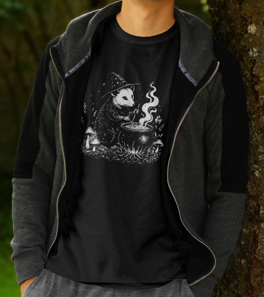 Witch Opossum Stirring Cauldron Surrounded By Mushrooms T-Shirt