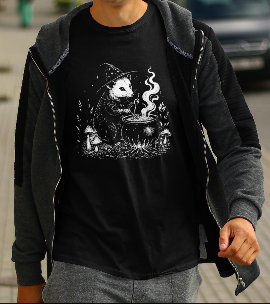 Witch Opossum Stirring Cauldron Surrounded By Mushrooms T-Shirt