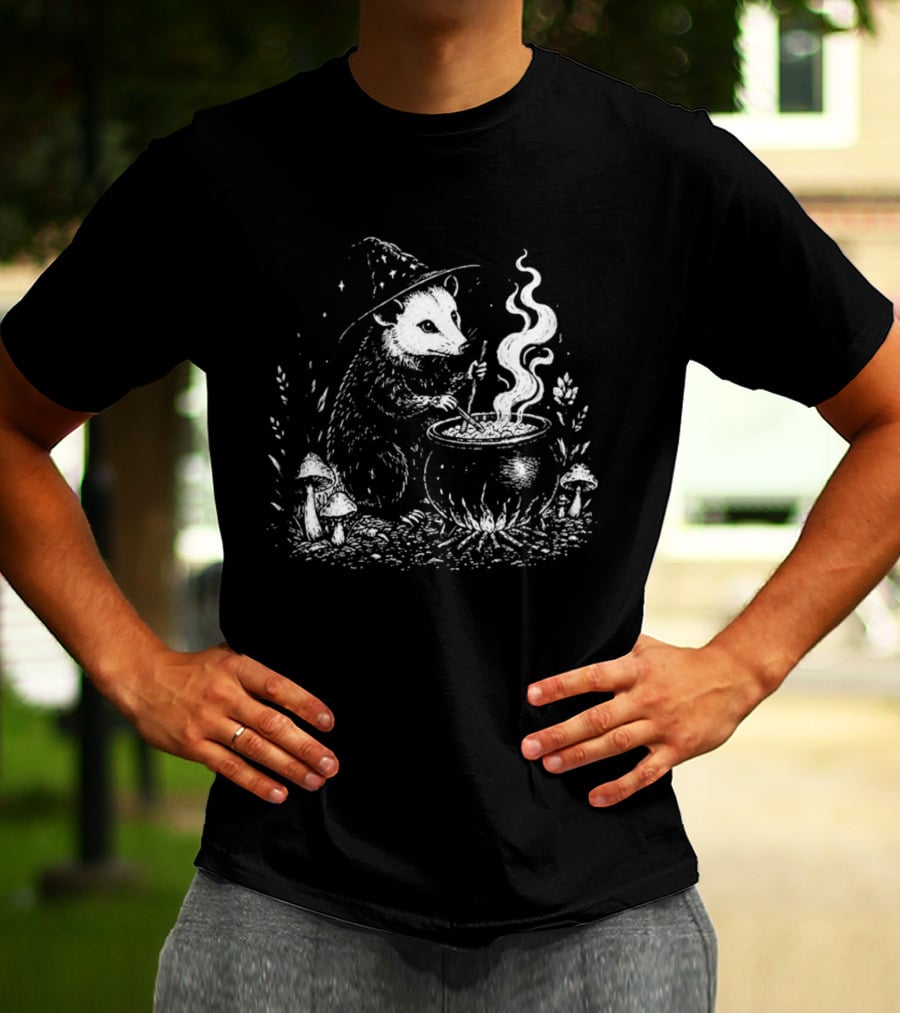 Witch Opossum Stirring Cauldron Surrounded By Mushrooms T-Shirt