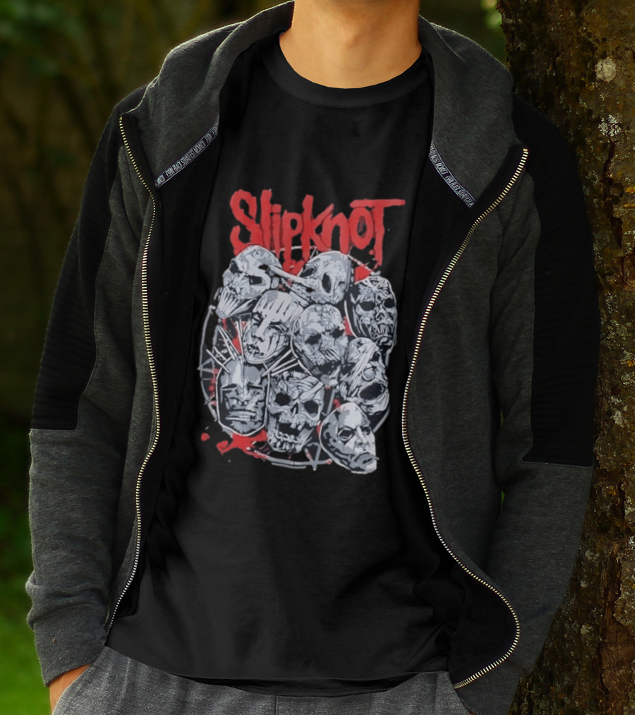 Slipknot Mask Collection With Band Name In Red T-Shirt