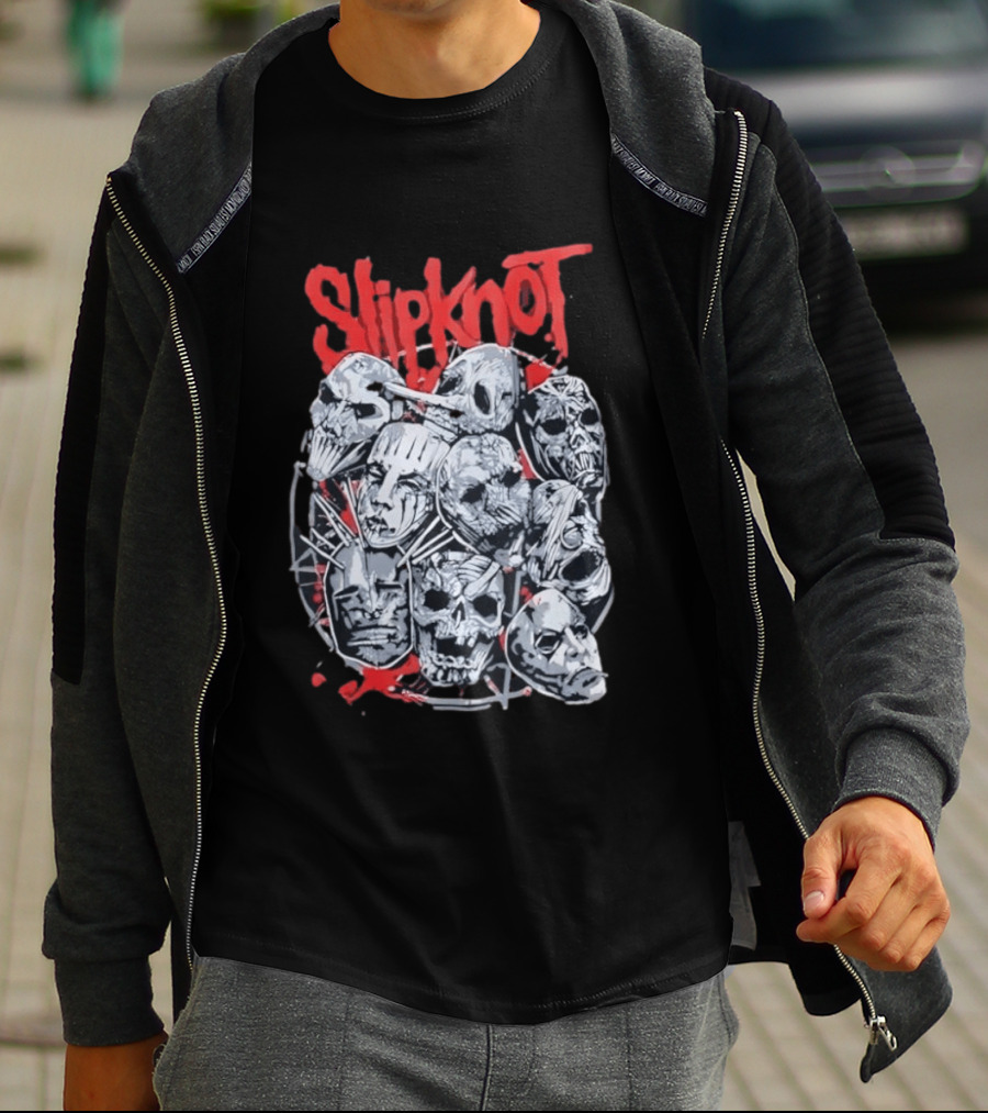 Slipknot Mask Collection With Band Name In Red T-Shirt