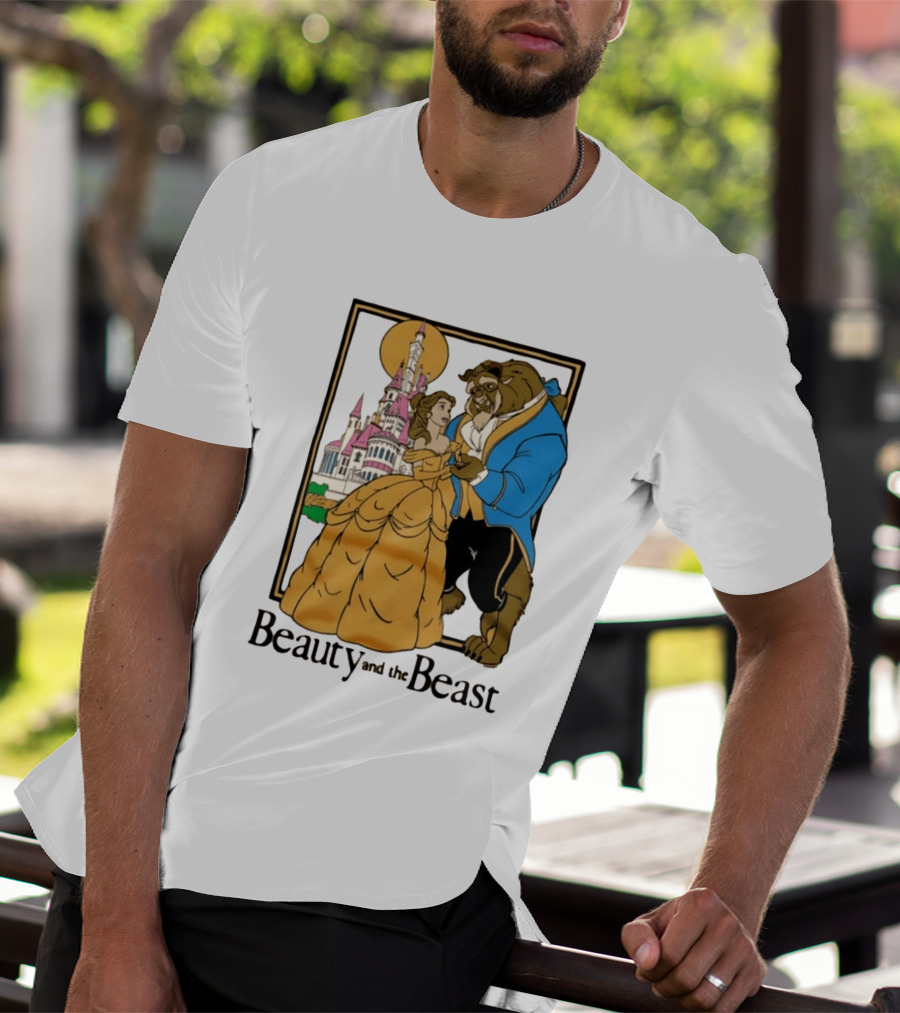 Beauty And The Beast Belle And Beast Dancing In Front Of Castle T-Shirt