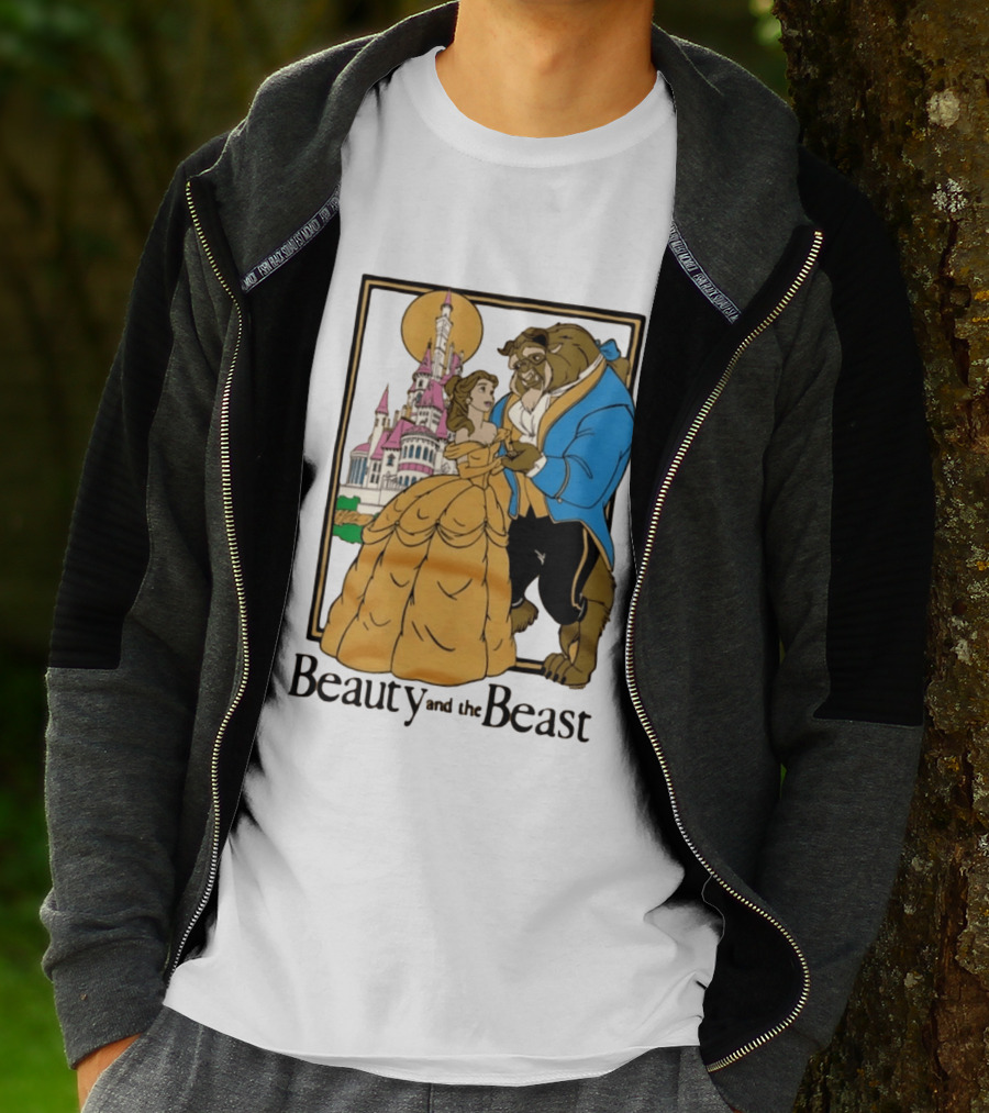 Beauty And The Beast Belle And Beast Dancing In Front Of Castle T-Shirt
