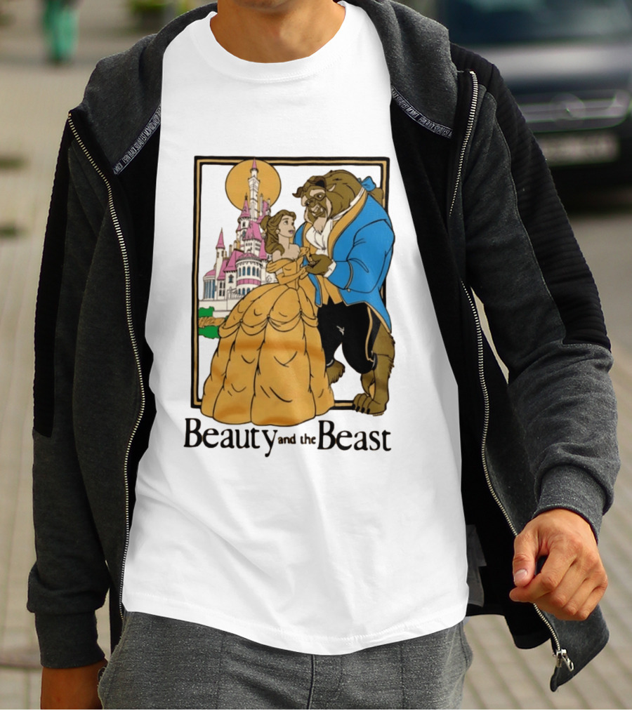 Beauty And The Beast Belle And Beast Dancing In Front Of Castle T-Shirt