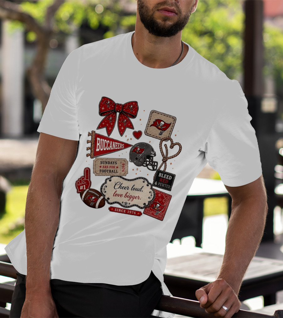 Tampa Bay Buccaneers Mom Red Floral Bow Cheer Loud Love Bigger Football Patch Collage T-Shirt