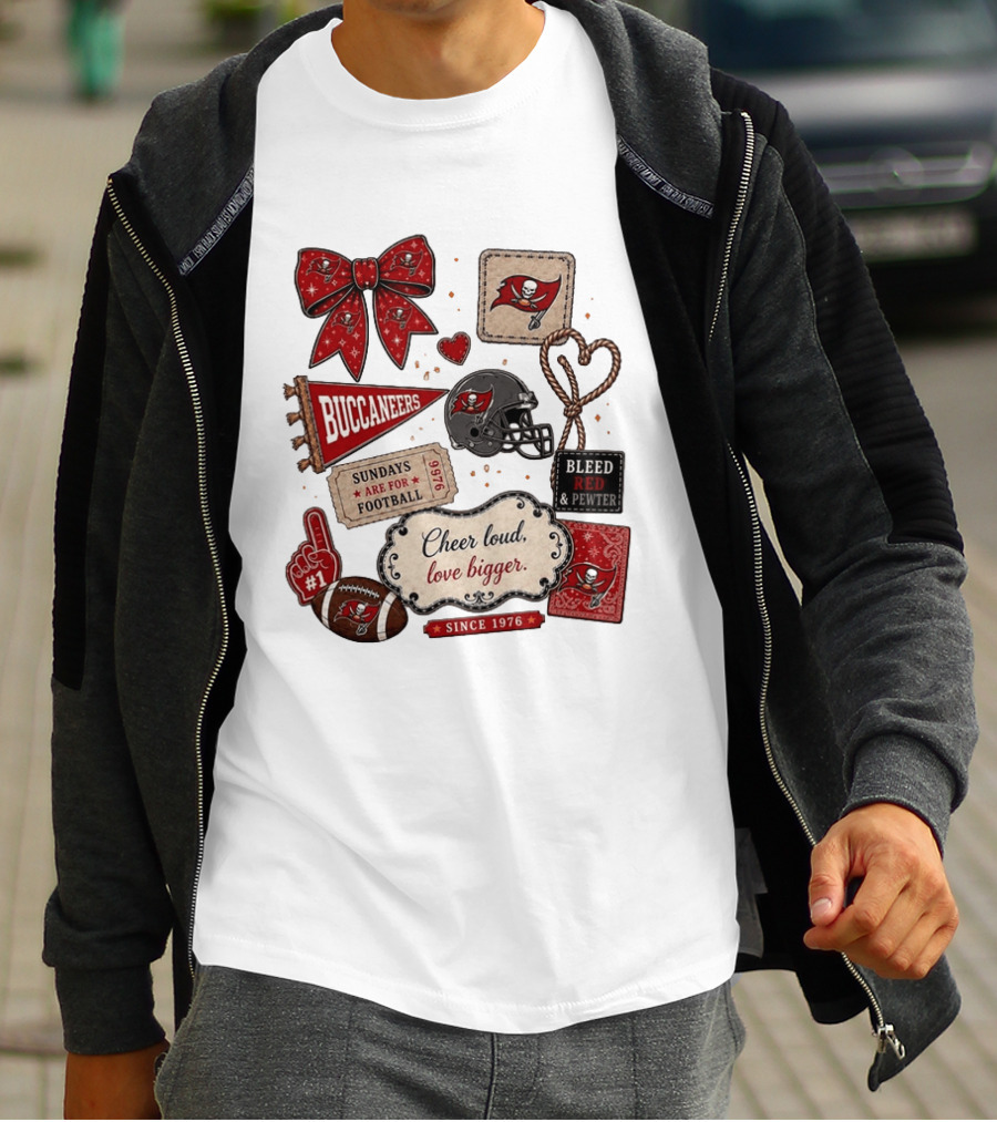 Tampa Bay Buccaneers Mom Red Floral Bow Cheer Loud Love Bigger Football Patch Collage T-Shirt
