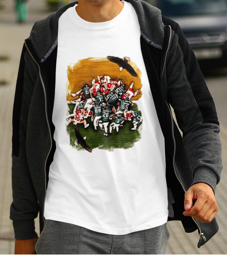 Philadelphia Eagles Tush Push Jalen Hurts Saquon Barkley Jason Kelce Action Play T-Shirt